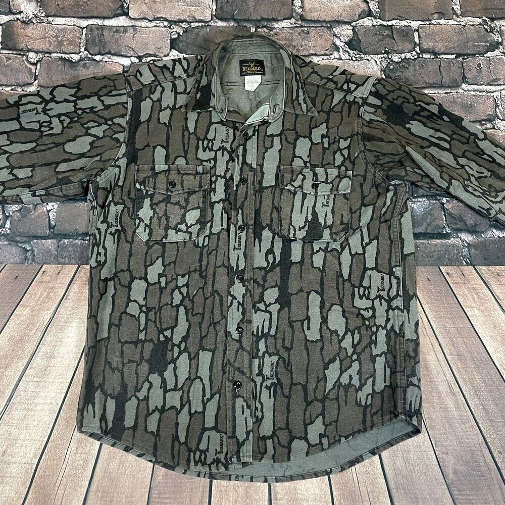 Vintage Melton Deerskin Shirt Mens Large TreBark Camo Chamois Hunting Pockets - Picture 4 of 9